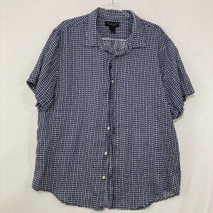 Bloomingdale's Mens sz XL Navy White Abstract Short Sleeve 100% Linen Button Up